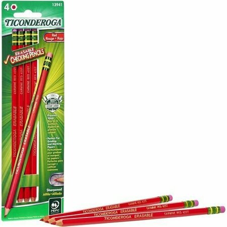 DIXON TICONDEROGA Pencils, Erasable, w/Eraser, Carmine Red Lead/Barrel, 4PK DIXX13941